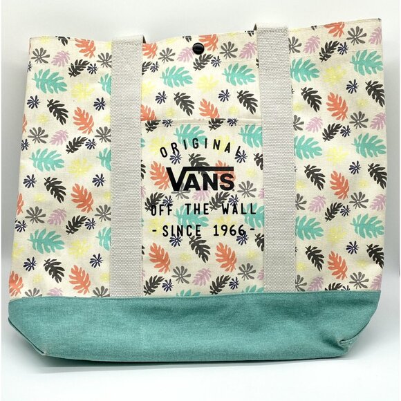 Vans Off The Wall Reusable Large Tote Bag Bonsai Leaf Leaves Cream Aqua Teal - Picture 1 of 5